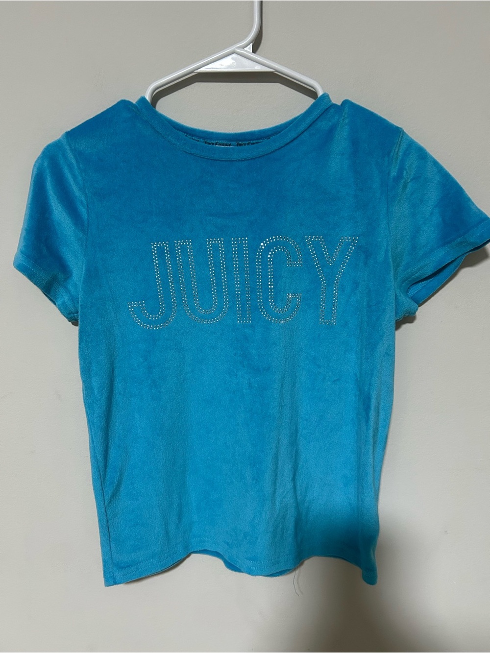 Juicy Couture Teal Blue Velour Rhinestone Logo T-Shirt Crop Top Sz S 0390